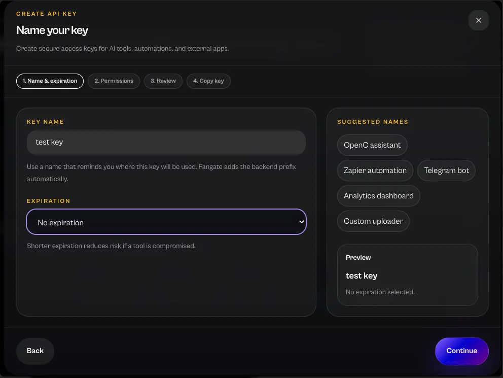 Fangate Create API Key dialog — name the key and choose an expiration