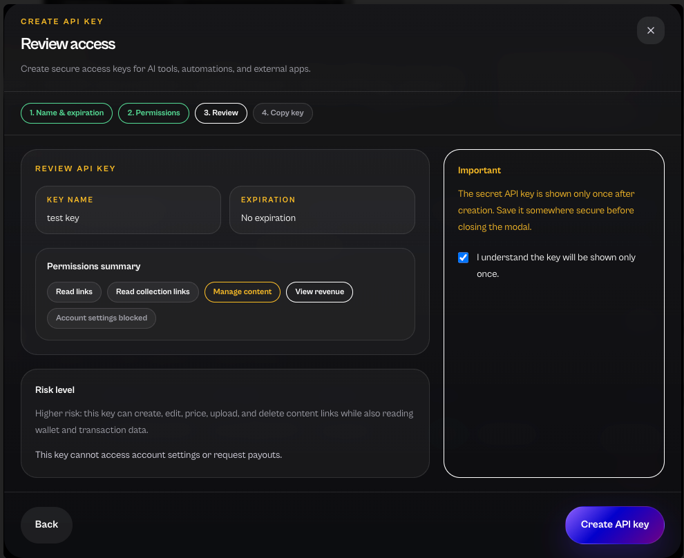 Fangate API key review step showing Manage content and View revenue permissions