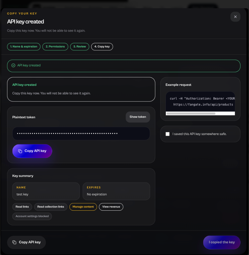 Fangate API key created — copy plaintext token to clipboard