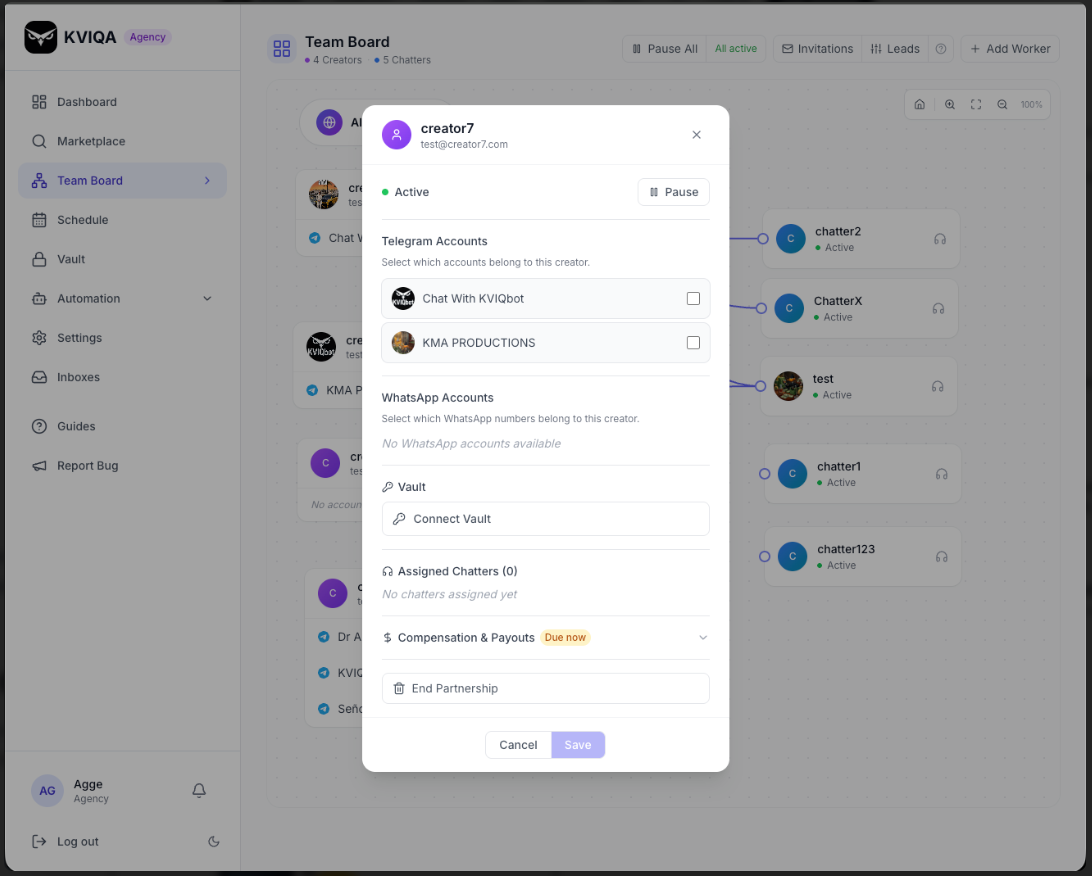 KVIQA TeamBoard creator detail view with Connect Vault option for Fangate