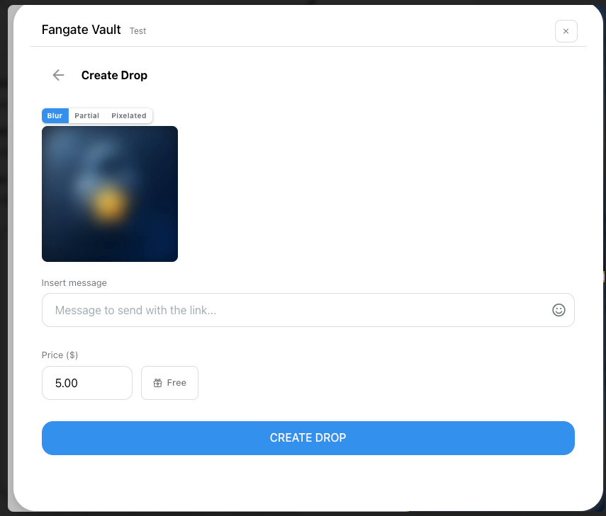 KVIQA Create Drop view with message, blur style, and editable price for the Fangate PPV